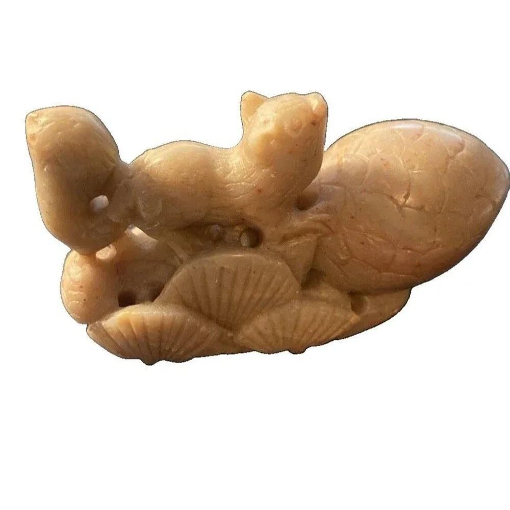 Vintage Chinese carved Soapstone Squirrel with pine cone